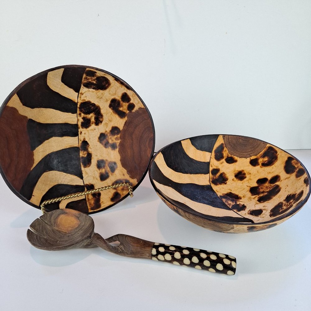 2 African Folk Art Handmade Wooden Bowls & Utensil w/Bone Handle